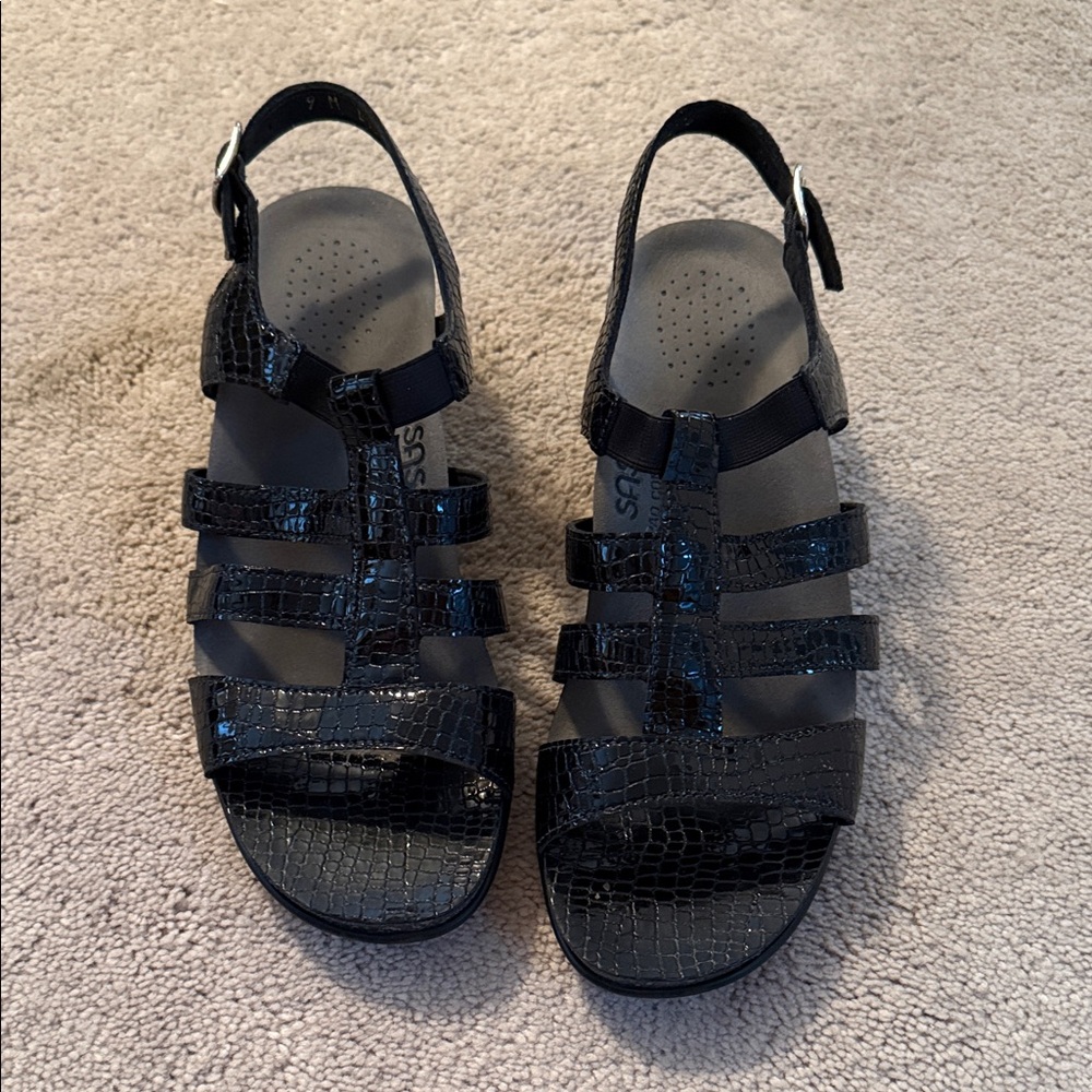 SAS Black Croc-Embossed Sandals